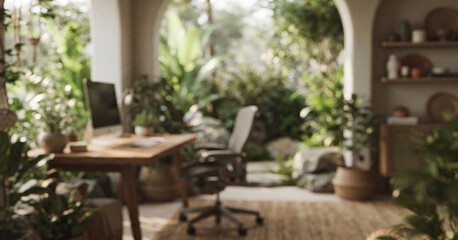 Obraz premium Fully blurred biophilic home office wallpaper with lush green plants, natural wood, earthy tones, soft daylight, creamy bokeh, and a peaceful nature-inspired workspace.