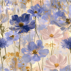 Obraz premium Elegant summer flower seamless pattern with luminous blue and soft pink petals creating delicate and calming floral design
