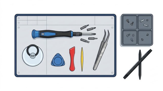 A comprehensive electronics repair toolkit featuring a precision screwdriver set tweezers pry tools and magnetic mat for device maintenance