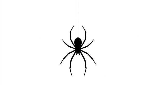 A simple black silhouette of a spider isolated on a plain white background for graphic design and illustration projects