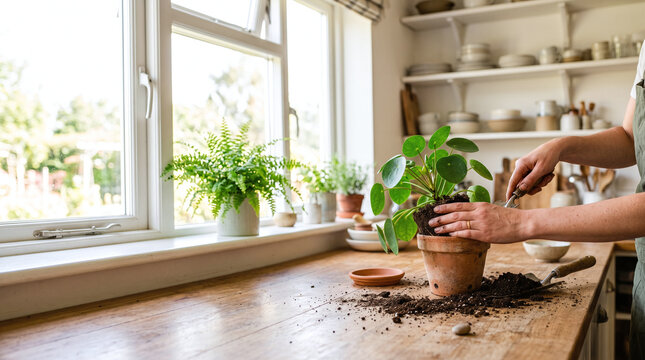 Woman repotting a green pilea houseplant in a terracotta pot on a wooden table.