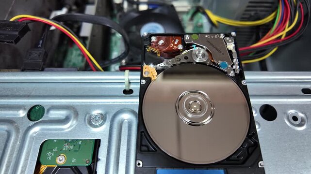 A close-up shot of the inside of a hard disk spinning to save data, connected via a high-speed port, with a CPU fan spinning on the motherboard in the background.