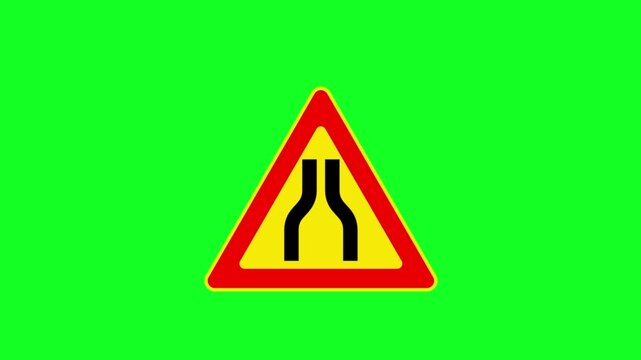 Animated Road Narrows On Both Sides Warning Sign On Green Screen For Driver Safety Alert