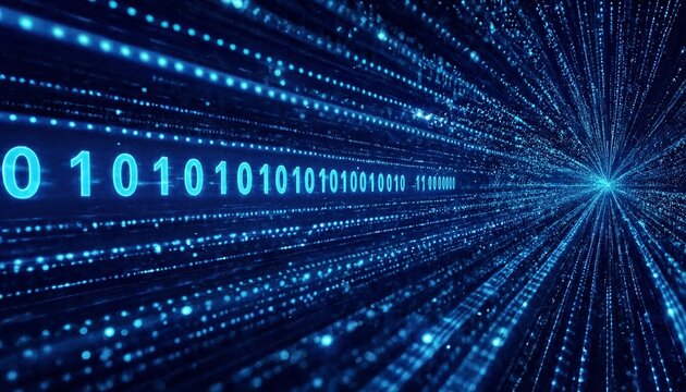 Digital binary code data stream in futuristic blue glow for cyber technology concept