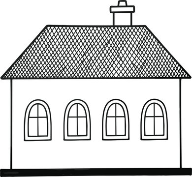 Classic residential property building line icon featuring detailed crosshatch roof tiles and arched windows architectural design
