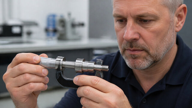 Professional engineer measuring a machined metal shaft with a micrometer.