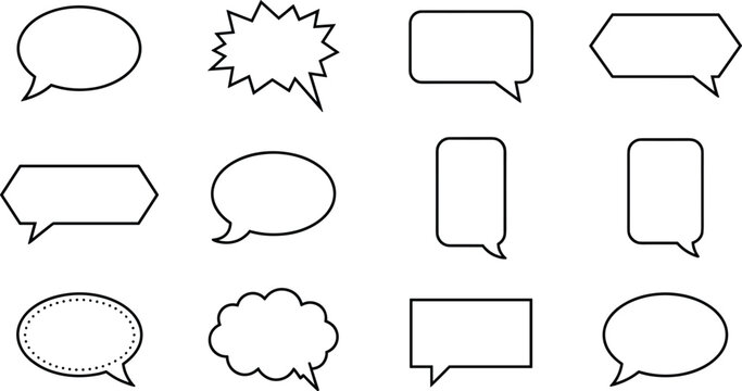 Comic speech bubbles outline icons pack showcasing blank text frame boxes conversational message dialog clouds and callouts