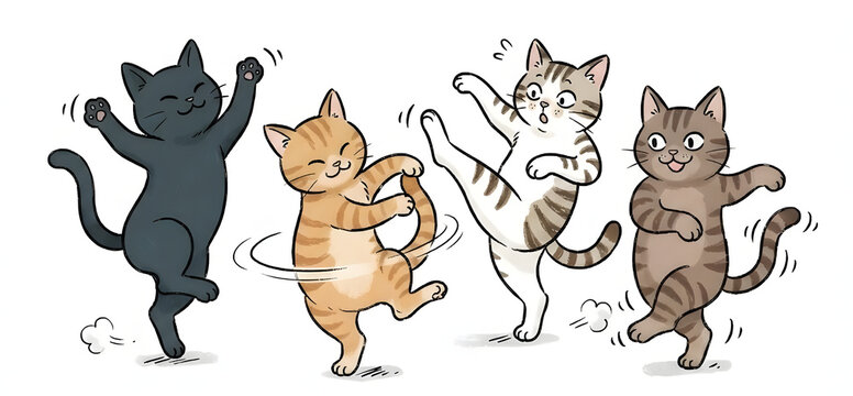 Cute funny cartoon cats dancing and posing joyfully on a white background
