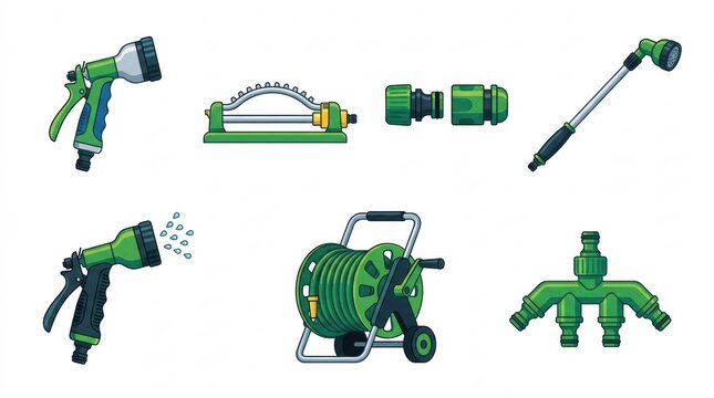 Collection of various green plastic garden irrigation tools including hose reels spray nozzles and connectors isolated on white background