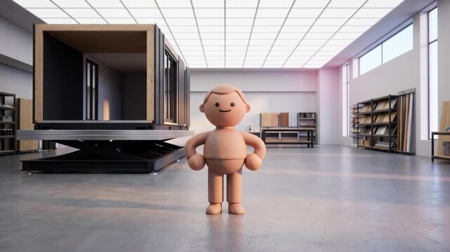 モジュール建築の製造スタジオ空間で前傾姿勢から直立へと変化するクレイ調マスコット