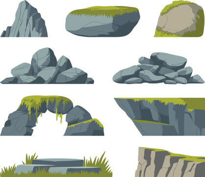 Natural Rocks and Mossy Boulder Vector Collection Featuring Mountain Clifftops, Stone Arch, Pile of Pebbles, and Rocky Platform Elements for Landscape Designs