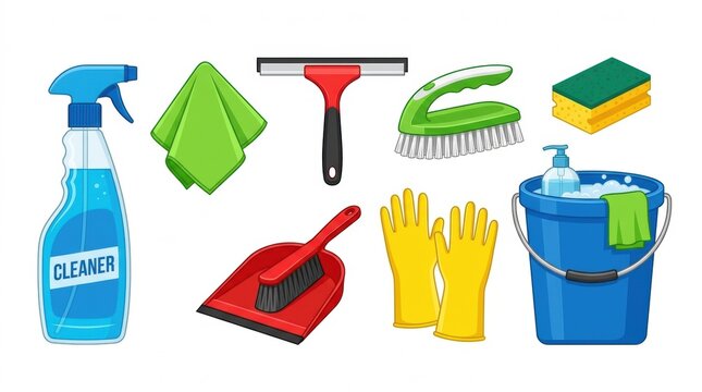 Set of various professional cleaning supplies and household equipment isolated on a white background for domestic chores and maintenance