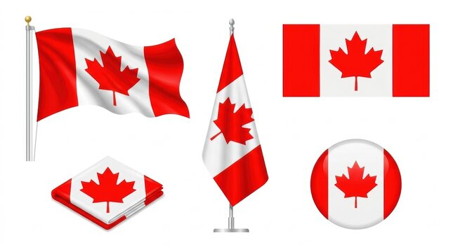 Set of various canadian flag designs including waving flat vertical hanging and circular emblem styles on white background