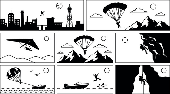 Extreme outdoor adventure sports banners set featuring base jumping rock climbing hang gliding and parasailing extreme activities vector