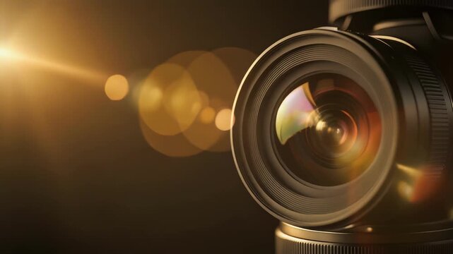 Professional camera lens close-up with golden lens flare and smooth motion