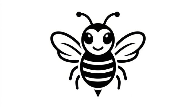 A simple black and white vector illustration of a cute cartoon honey bee isolated on a white background