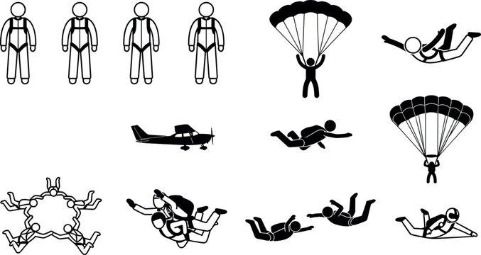 Extreme skydiving sport stick figures set demonstrating free fall formation jumping parachute canopy flight and plane departures