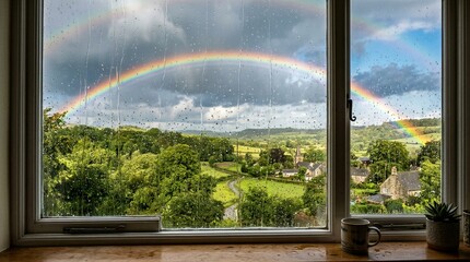 Fototapeta premium Double rainbow arching over green valley seen through window