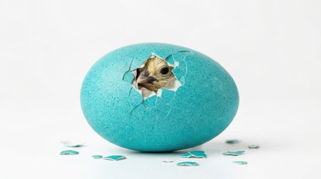 A single bright turquoise easter egg with a small hole in the top sitting on a white studio background
