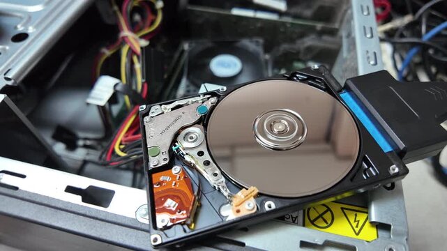 A close-up shot of the inside of a hard disk spinning to save data, connected via a high-speed port, with a CPU fan spinning on the motherboard in the background.