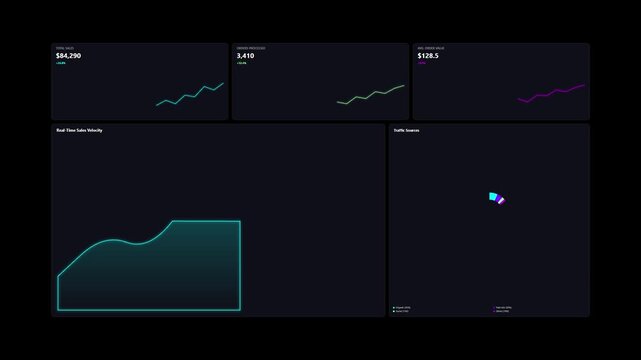 Futuristic data visualization dashboard with glowing graphs and charts.