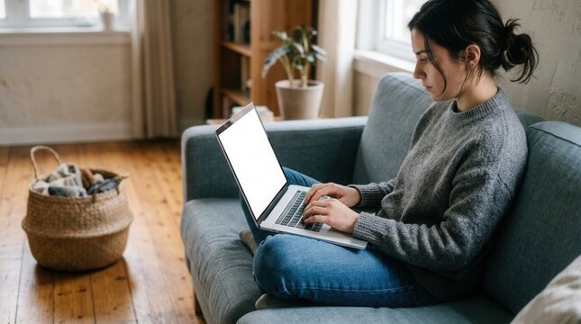 Top view mockup of a woman typing on laptop with blank screen image working