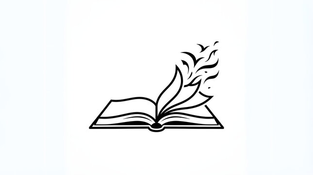 Minimalist open book line art illustration with pages transforming into flying birds on isolated background
