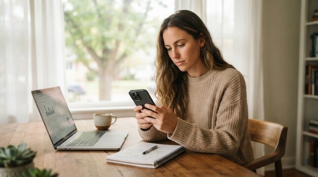 Vertical Image of Woman Using iPhone 15 Pro Max and Laptop at Apr 14th 2026 :