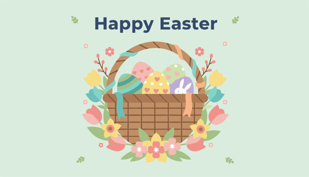 Happy Easter greeting card with woven basket filled with colorful decorated eggs and beautiful spring flowers on green.