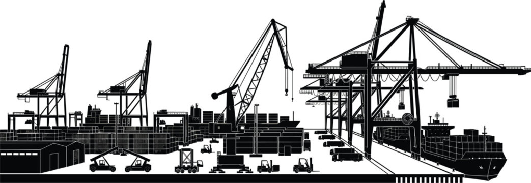 Commercial seaport container terminal panorama illustration with heavy gantry cranes loading a global cargo freight ship silhouette vector