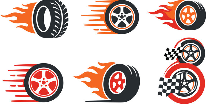 Burning tire vector set with racing flame speed motion trail and checkered flag auto wheel icon collection,