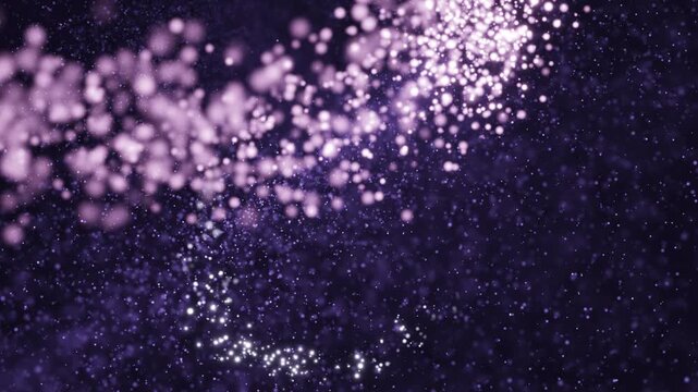 A mesmerizing dance of light across a velvety purple space, showcasing graceful spiraling particles moving from top left to bottom right
