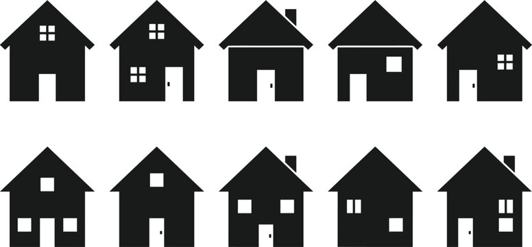 Residential house solid silhouettes icons set representing suburban neighborhood real estate property and community housing isolated vectorr
