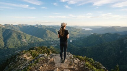 Obraz premium Woman Enjoying Sunset Sky on Mountain Peak in Stunning Portrait Image of a watching