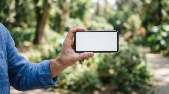 Woman holding mobile phone with blank desktop screen mockup in outdoor setting image