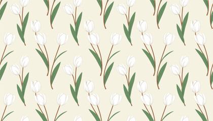 Fototapeta premium Beautiful elegant white tulips with green leaves form a soft romantic seamless botanical pattern on cream background.
