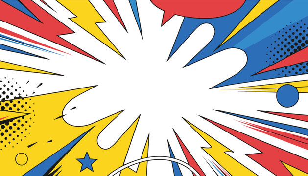 Comic book speech bubble frame with dynamic explosion effect and pop art lightning rays on white background backdrop