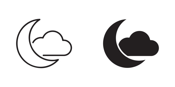Moon and Cloud Icons in Outline and Filled Designs Isolated on Transparent Background