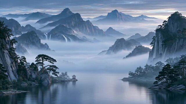Misty mountain lake beneath dramatic layered peaks