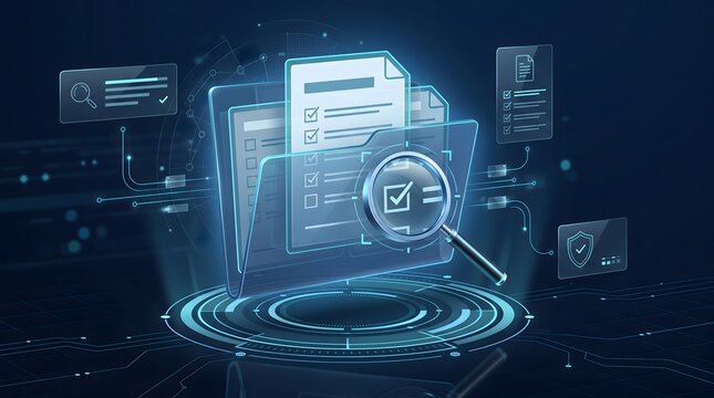 Digital document inspection and data audit concept featuring glowing magnifying glass over verified electronic folder