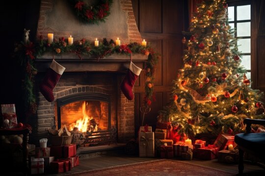 Decorated christmas tree fireplace hearth anticipation.
