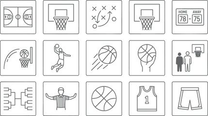 Square line basketball tournament symbol collection containing court jersey shorts uniform bracket scoreboard slam dunk hand game. © MSTAKLIMA