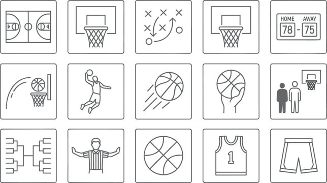 Square line basketball tournament symbol collection containing court jersey shorts uniform bracket scoreboard slam dunk hand game.