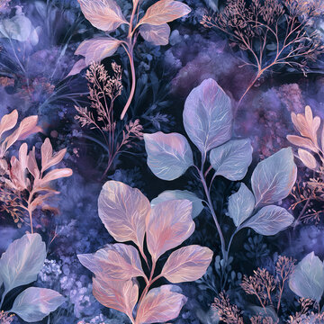 Enchanted night garden seamless pattern with luminous leaves and delicate branches soft purple and pink hues creating dreamy