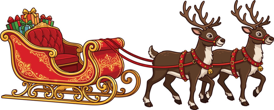 Santa's sleigh with two reindeers and Christmas presents, festive vector illustration