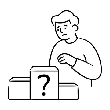 A person beside a box marked with a question mark representing a missing achievement or reward.