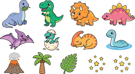 Cute Dinosaur Cartoon Collection Featuring Tyrannosaurus, Triceratops, Stegosaurus, Brachiosaurus, Pterodactyl, Baby Dino, Volcano, and Prehistoric Vector Illustrations © Priyanka