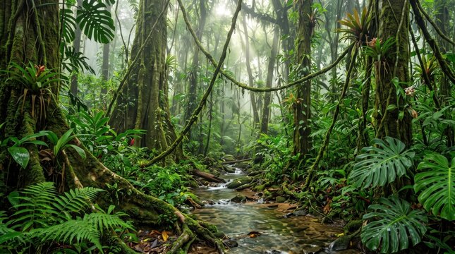 Lush tropical rainforest landscape featuring a narrow flowing stream, dense green foliage, hanging vines, large monstera leaves, and tall mossy trees under a bright misty canopy