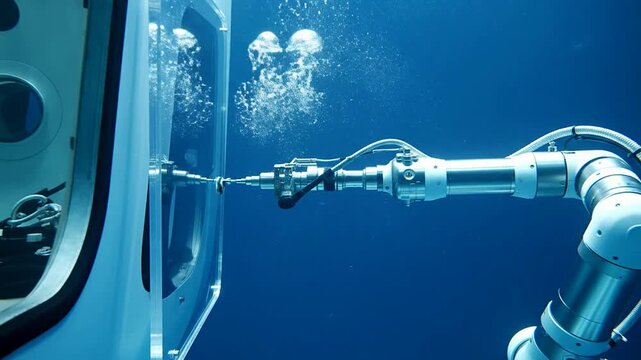 Close-Up Shot Of A Robotic Underwater Arm Repairing A Transparent Structure In A Deep Blue Ocean Environment