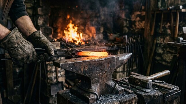 Blacksmith hands in heavy leather gloves holding a hot piece of iron on an anvil.